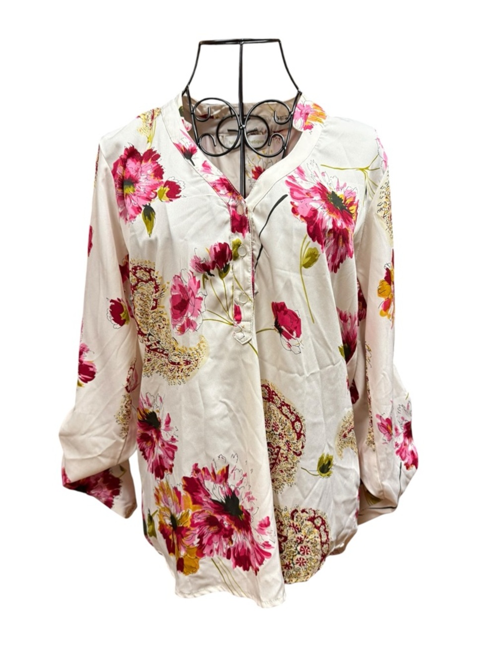 Cream Floral V-Neck Button-Front 100% Silk Blouse - Pink Floral